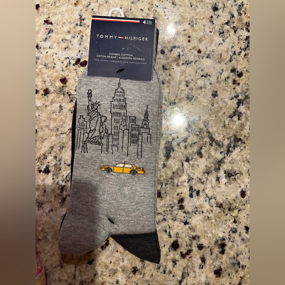 Tommy Hilfiger Logo 4 Pair Men's Crew tall Dress Socks Black & Grays 7-12 New